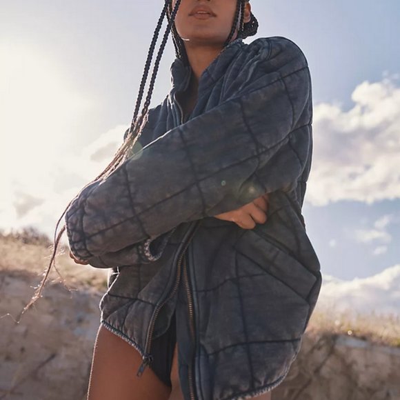 Free People Dolman Quilted Knit Jacket Oversized Zip Front Black Medium - Picture 6 of 9